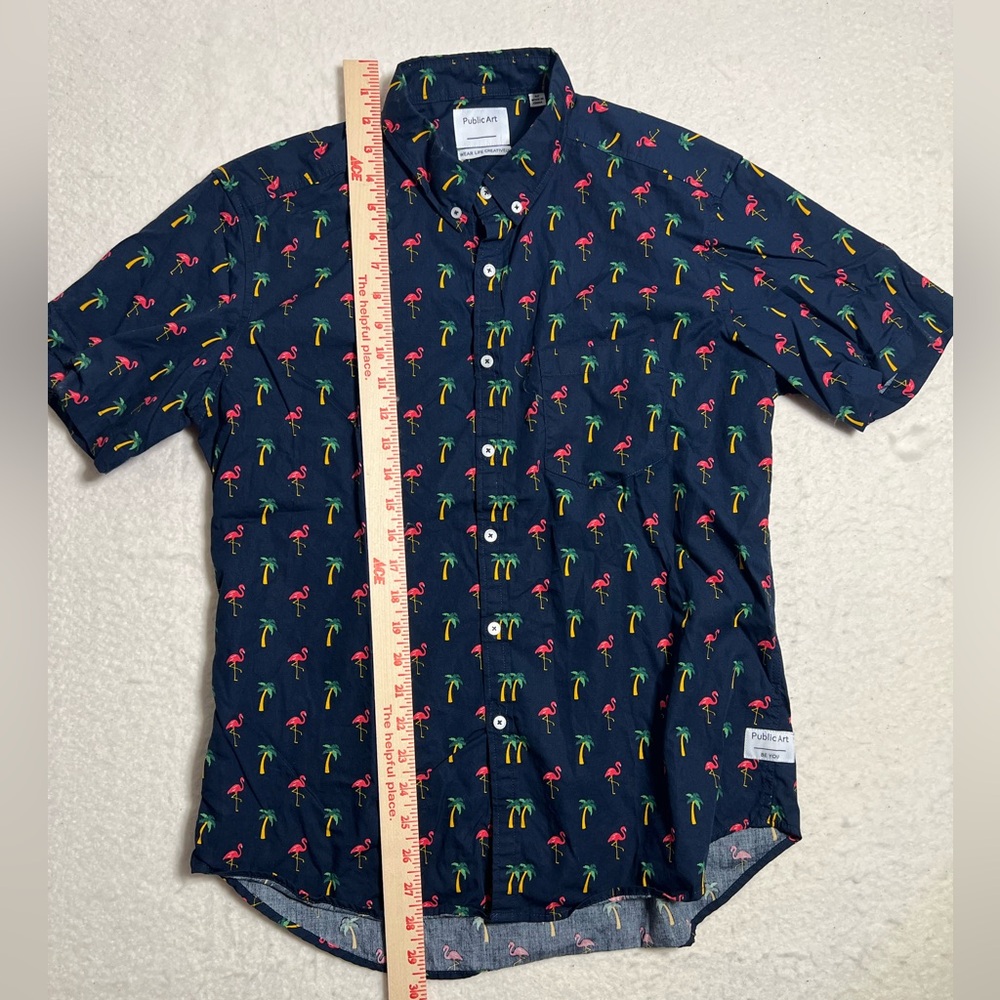 Men’s Navy Short-Sleeve Flamingo Print Shirt - Picture 2 of 8